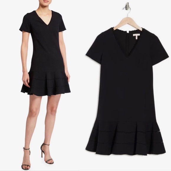 Rebecca Taylor Stretch Texture Scallop V-Neck Mini Drop Waist Ruffle Dress Black - Picture 6 of 16